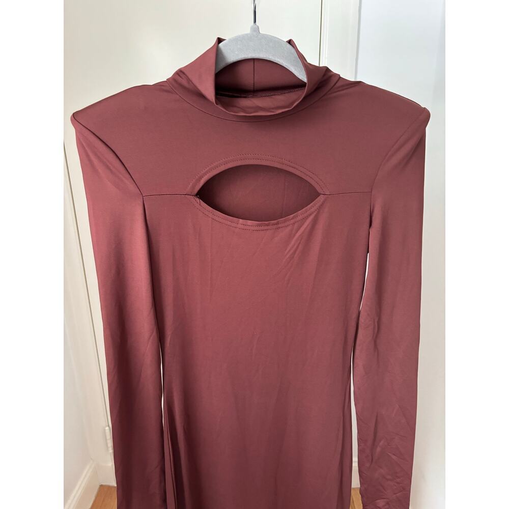 Womens Brown Cut Out Bodycon Maxi Dress Small Long Sleeve Mock Neck Shoulder Pad - Picture 3 of 9